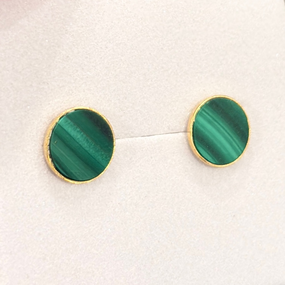 Vintage Malachite Gold Earrings: 18K solid yellow gold genuine inlay studs - Picture 6 of 7